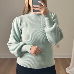 Line & Dot Mint Green Balloon Sleeve Mock Neck Ribbed Sweater M Cozycore